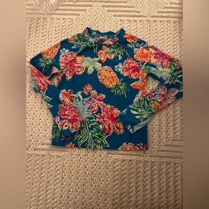 Gymboree Women Sz M (7-8) Blue Pineapple Floral Long Sleeve Rash-guard Swim Top